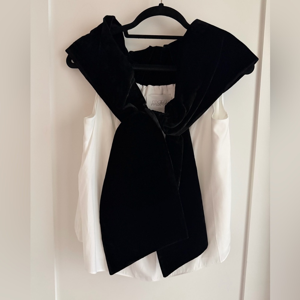 Mare Mare Anthropologie White Off The Should Top With Black Velvet Bow